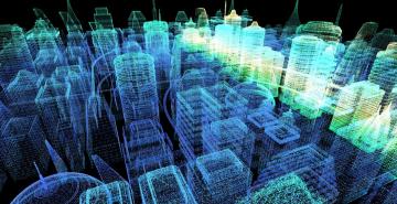 Futuristic holographic city resembling cyberspace
